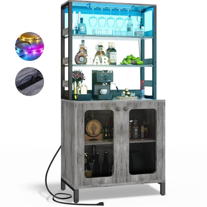 67'' Bar Cabinet with Power Outlets, Tall Wine Bar Cabinet with LED Lights and Glass Holder