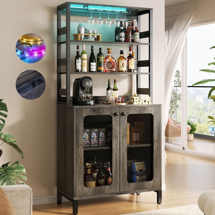 67'' Bar Cabinet with Power Outlets, Tall Wine Bar Cabinet with LED Lights and Glass Holder