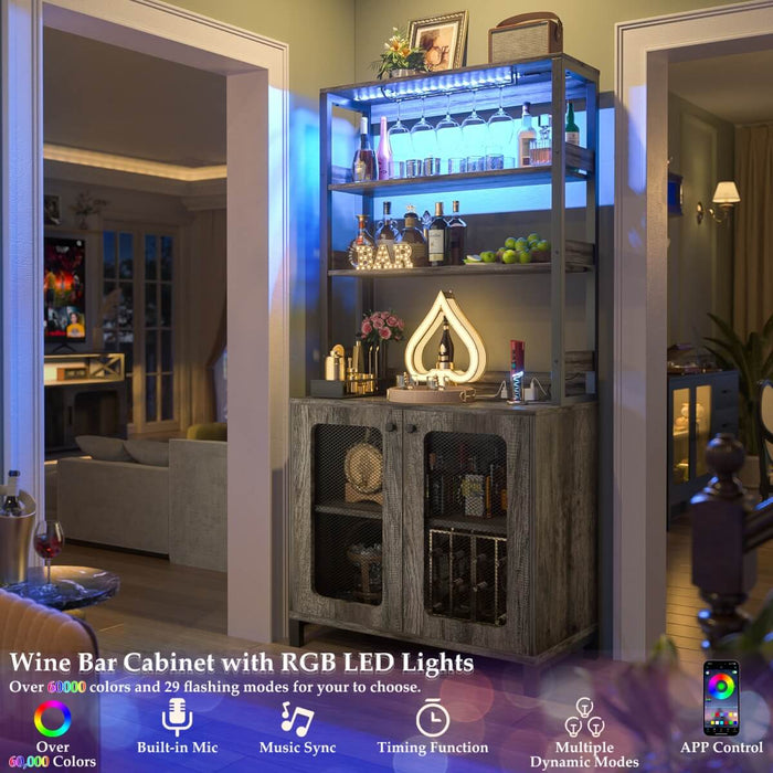 67'' Bar Cabinet with Power Outlets, Tall Wine Bar Cabinet with LED Lights and Glass Holder