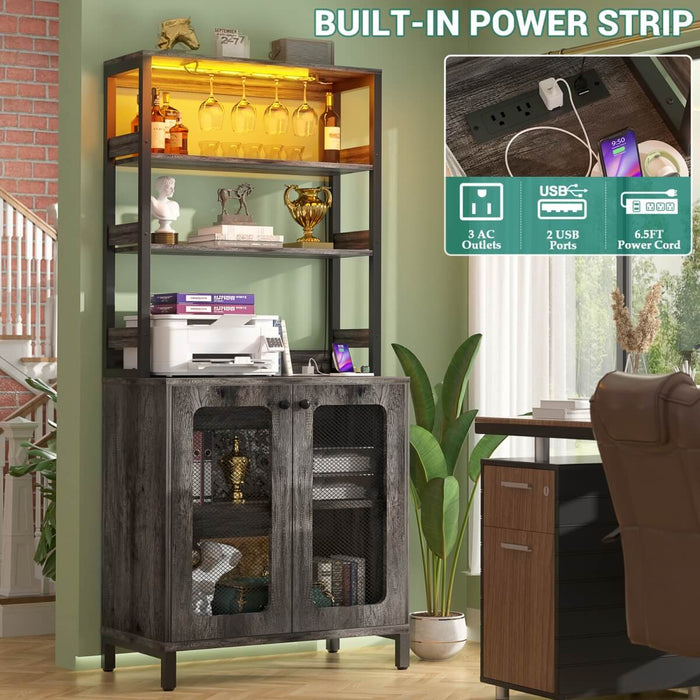 67'' Bar Cabinet with Power Outlets, Tall Wine Bar Cabinet with LED Lights and Glass Holder