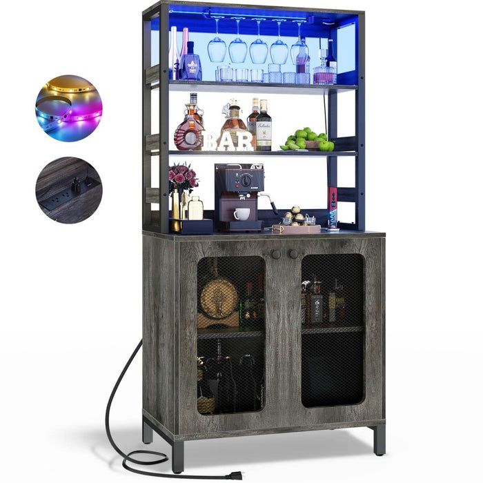 67'' Bar Cabinet with Power Outlets, Tall Wine Bar Cabinet with LED Lights and Glass Holder