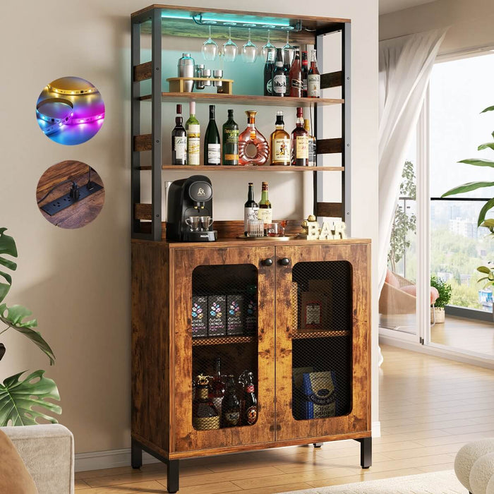 67'' Bar Cabinet with Power Outlets, Tall Wine Bar Cabinet with LED Lights and Glass Holder