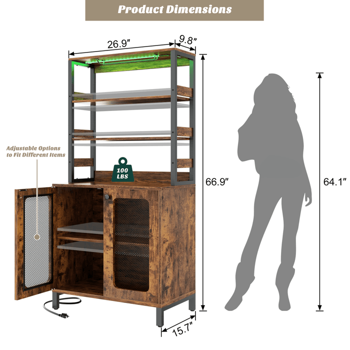 67'' Bar Cabinet with Power Outlets, Tall Wine Bar Cabinet with LED Lights and Glass Holder