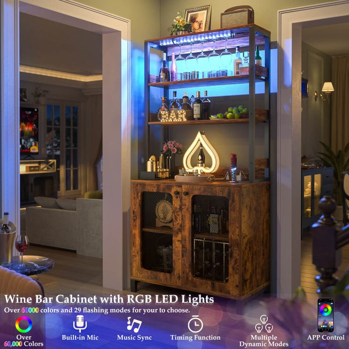 67'' Bar Cabinet with Power Outlets, Tall Wine Bar Cabinet with LED Lights and Glass Holder