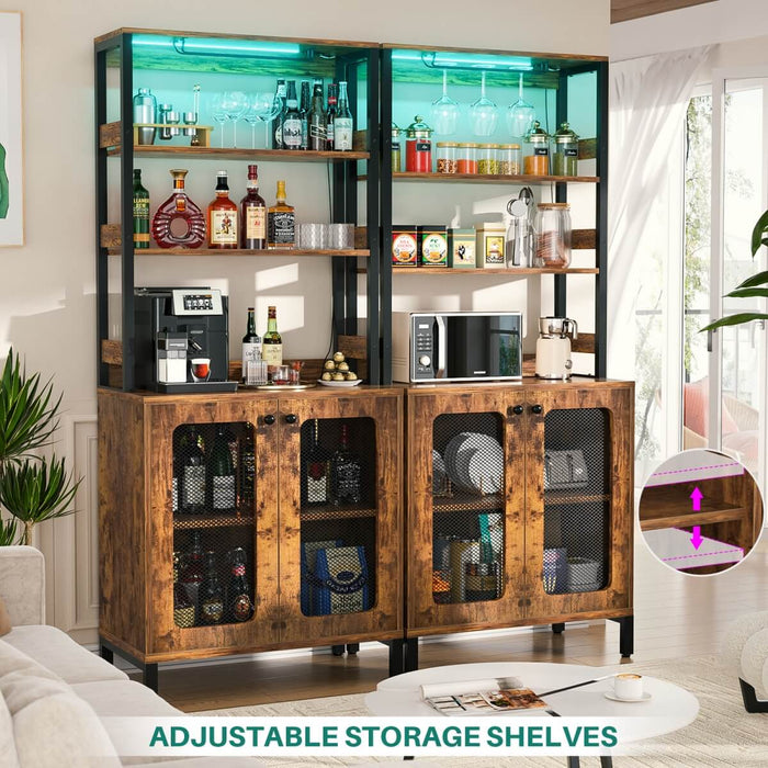 67'' Bar Cabinet with Power Outlets, Tall Wine Bar Cabinet with LED Lights and Glass Holder