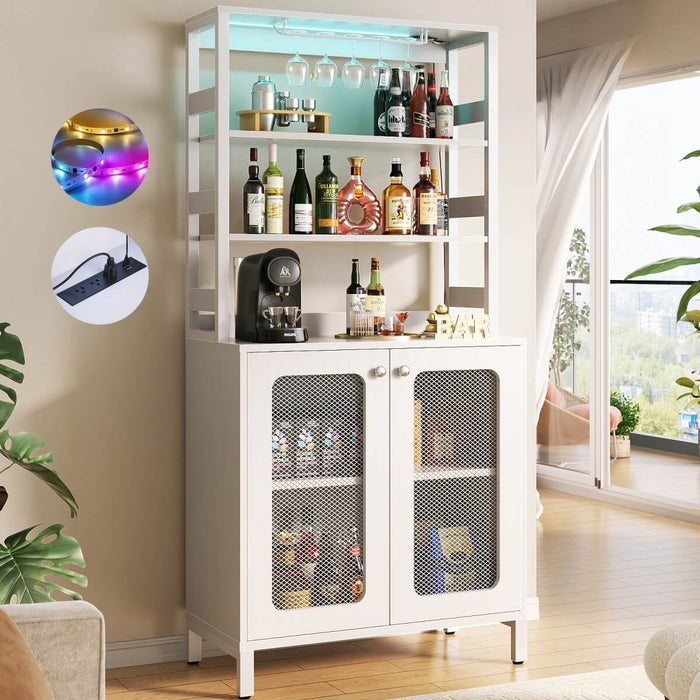 67'' Bar Cabinet with Power Outlets, Tall Wine Bar Cabinet with LED Lights and Glass Holder