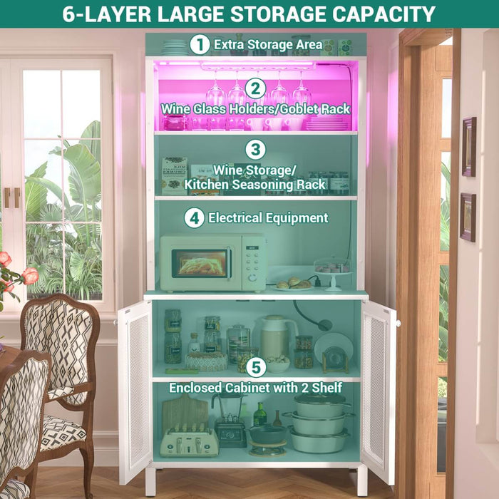 67'' Bar Cabinet with Power Outlets, Tall Wine Bar Cabinet with LED Lights and Glass Holder