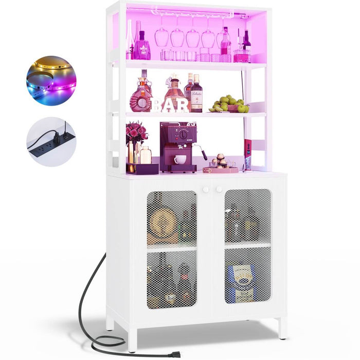 67'' Bar Cabinet with Power Outlets, Tall Wine Bar Cabinet with LED Lights and Glass Holder