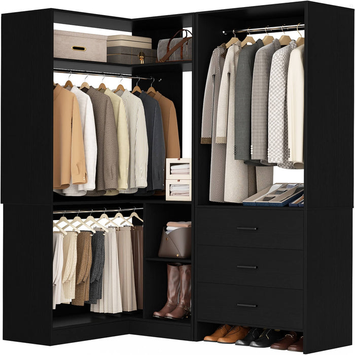 L Shaped Closet System Set of 2 with 3 Drawers, 2 Hanging Rods & Corner Tower, 1300+ lbs Capacity