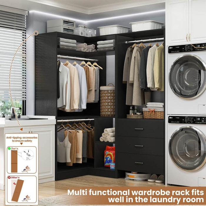 L Shaped Closet System Set of 2 with 3 Drawers, 2 Hanging Rods & Corner Tower, 1300+ lbs Capacity
