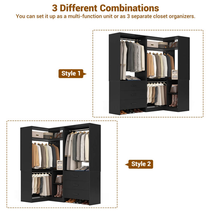L Shaped Closet System Set of 2 with 3 Drawers, 2 Hanging Rods & Corner Tower, 1300+ lbs Capacity