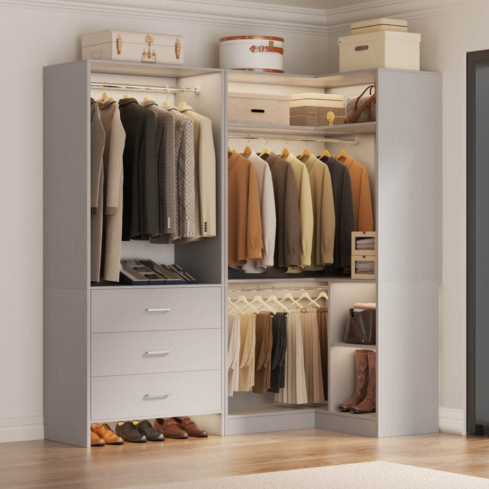 L Shaped Closet System Set of 2 with 3 Drawers, 2 Hanging Rods & Corner Tower, 1300+ lbs Capacity