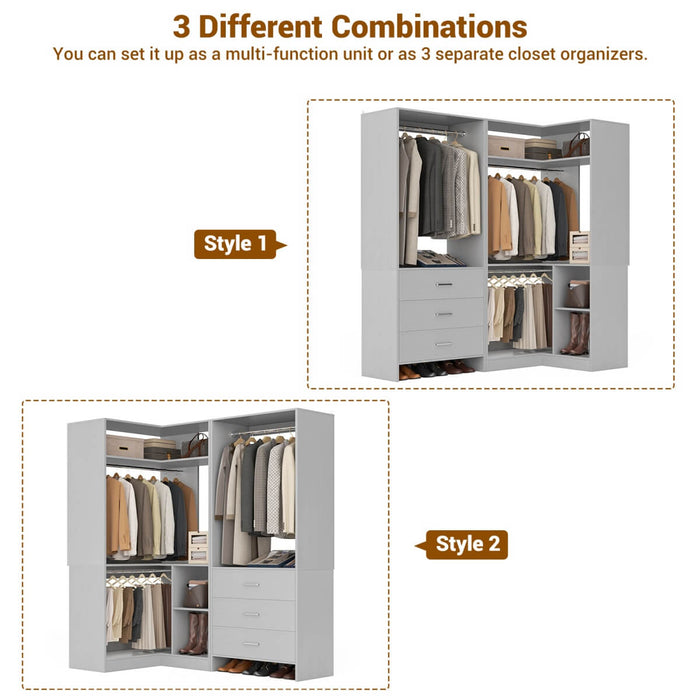 L Shaped Closet System Set of 2 with 3 Drawers, 2 Hanging Rods & Corner Tower, 1300+ lbs Capacity
