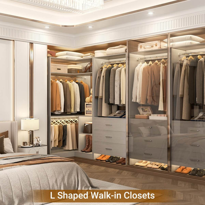 L Shaped Closet System Set of 2 with 3 Drawers, 2 Hanging Rods & Corner Tower, 1300+ lbs Capacity