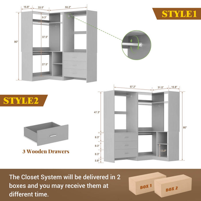 L Shaped Closet System Set of 2 with 3 Drawers, 2 Hanging Rods & Corner Tower, 1300+ lbs Capacity