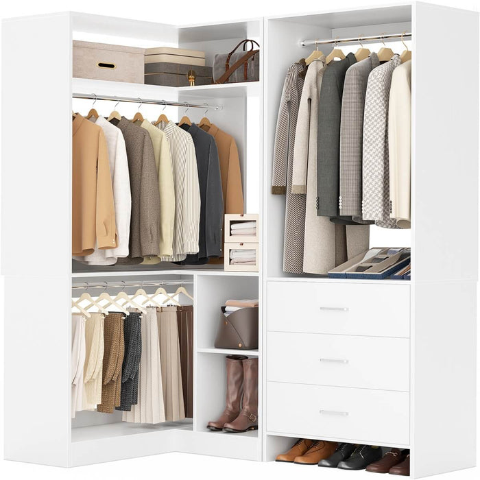 L Shaped Closet System Set of 2 with 3 Drawers, 2 Hanging Rods & Corner Tower, 1300+ lbs Capacity