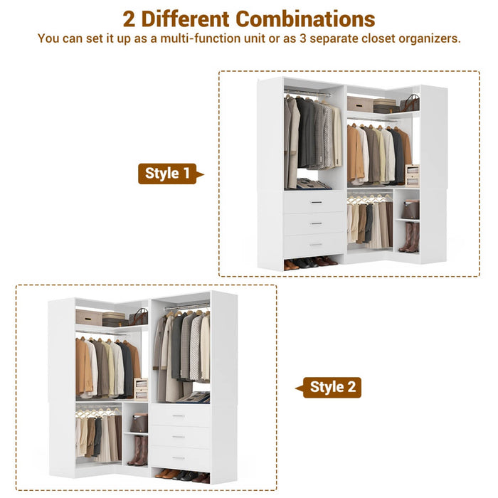 L Shaped Closet System Set of 2 with 3 Drawers, 2 Hanging Rods & Corner Tower, 1300+ lbs Capacity