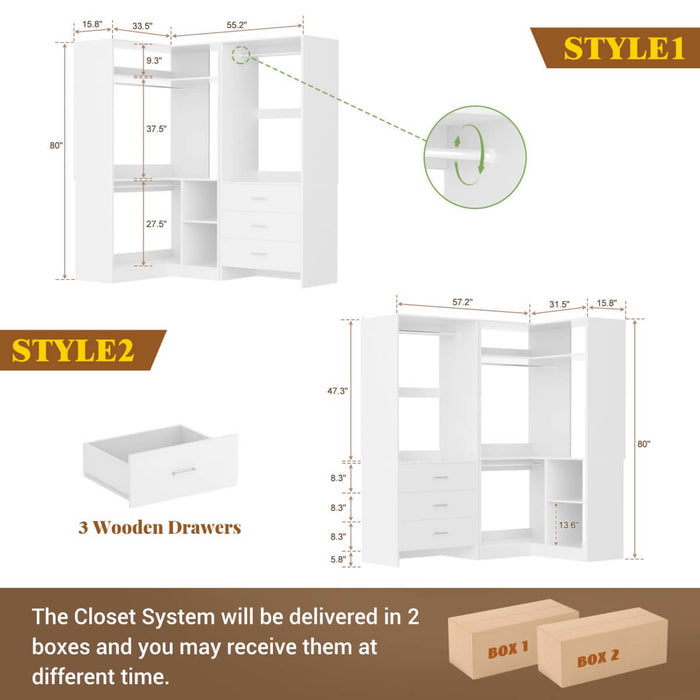 L Shaped Closet System Set of 2 with 3 Drawers, 2 Hanging Rods & Corner Tower, 1300+ lbs Capacity