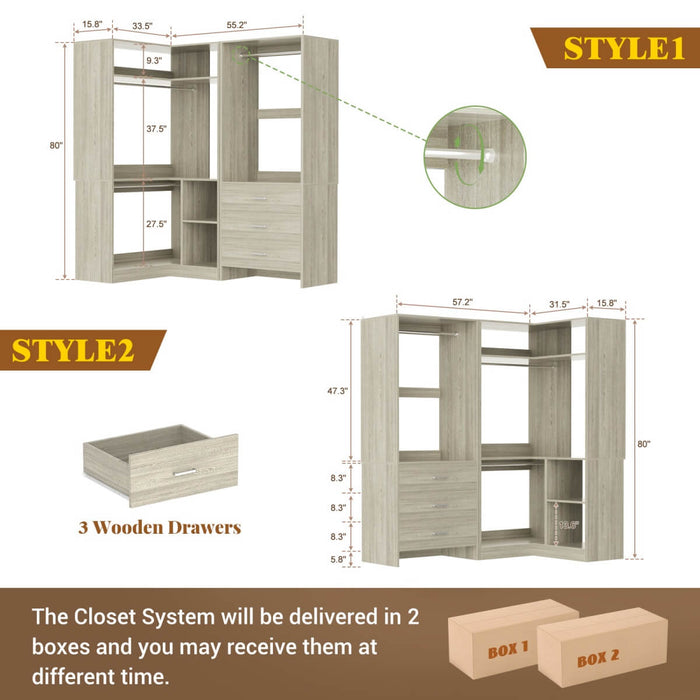 L Shaped Closet System Set of 2 with 3 Drawers, 2 Hanging Rods & Corner Tower, 1300+ lbs Capacity