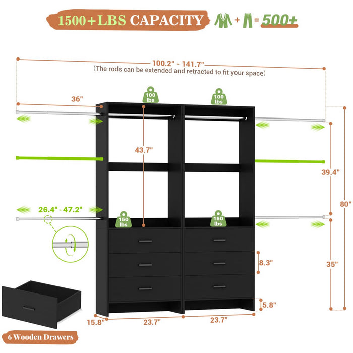 47.4-141.7 inches Adjustable Closet System, 6 Drawers and 6 Hanging Rods