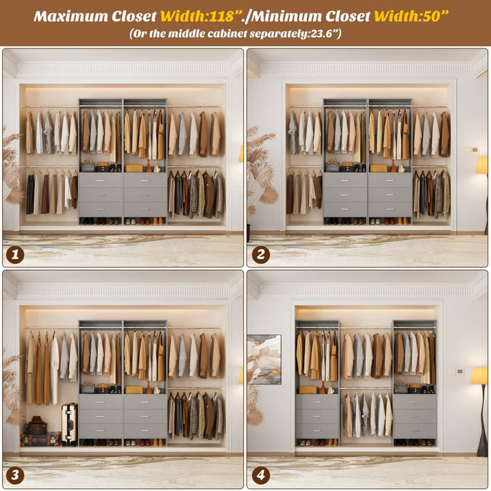 47.4-141.7 inches Adjustable Closet System, 6 Drawers and 6 Hanging Rods