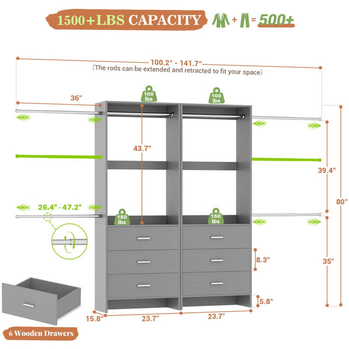 47.4-141.7 inches Adjustable Closet System, 6 Drawers and 6 Hanging Rods