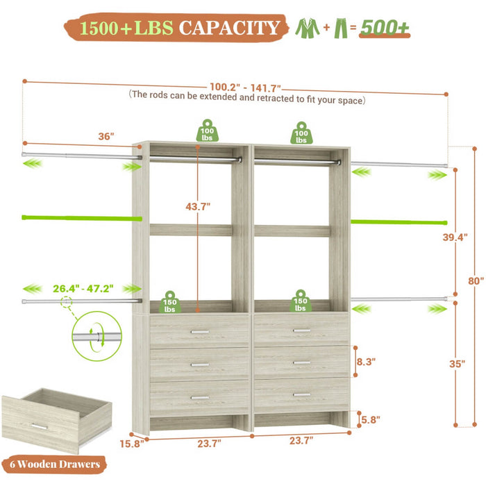 47.4-141.7 inches Adjustable Closet System, 6 Drawers and 6 Hanging Rods