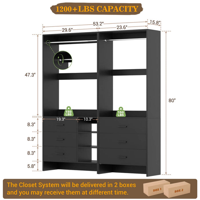 Closet Organizers Set of 2, Walk-in Closet System with Hanging Rods and Drawers