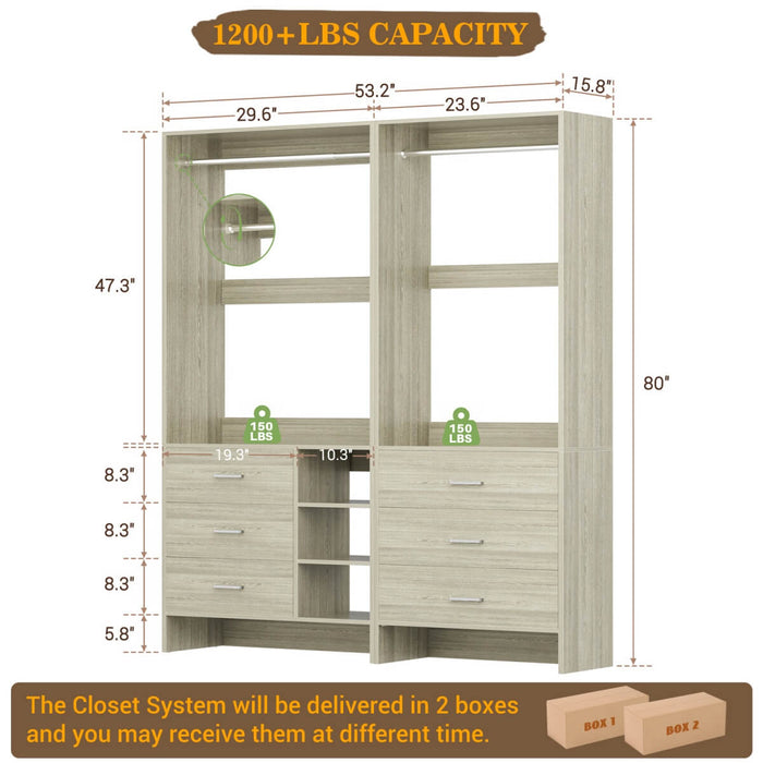 Closet Organizers Set of 2, Walk-in Closet System with Hanging Rods and Drawers