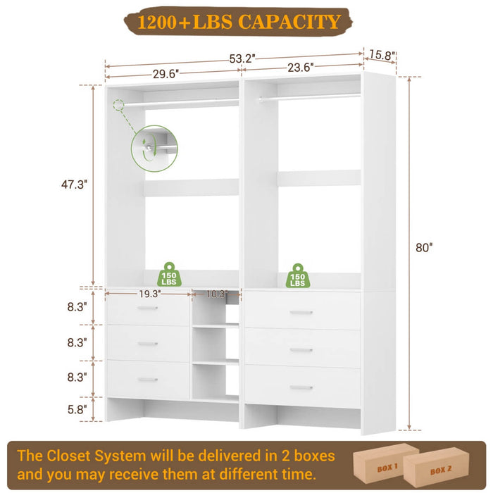 Closet Organizers Set of 2, Walk-in Closet System with Hanging Rods and Drawers