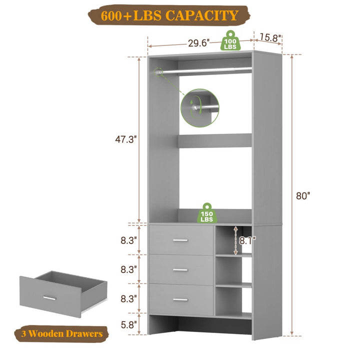 2.5FT Walk in Closet System with 3 Drawers & 1 Hanging Rod