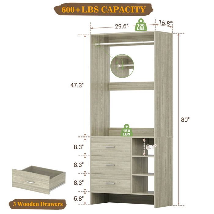 2.5FT Walk in Closet System with 3 Drawers & 1 Hanging Rod