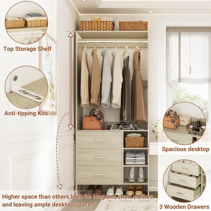 2.5FT Walk in Closet System with 3 Drawers & 1 Hanging Rod