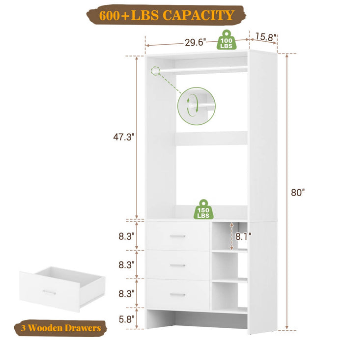 2.5FT Walk in Closet System with 3 Drawers & 1 Hanging Rod