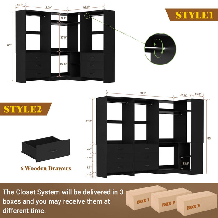 81'' Closet System with 6 Drawers, 4 Hanging Rods & Corner Tower, Set of 3