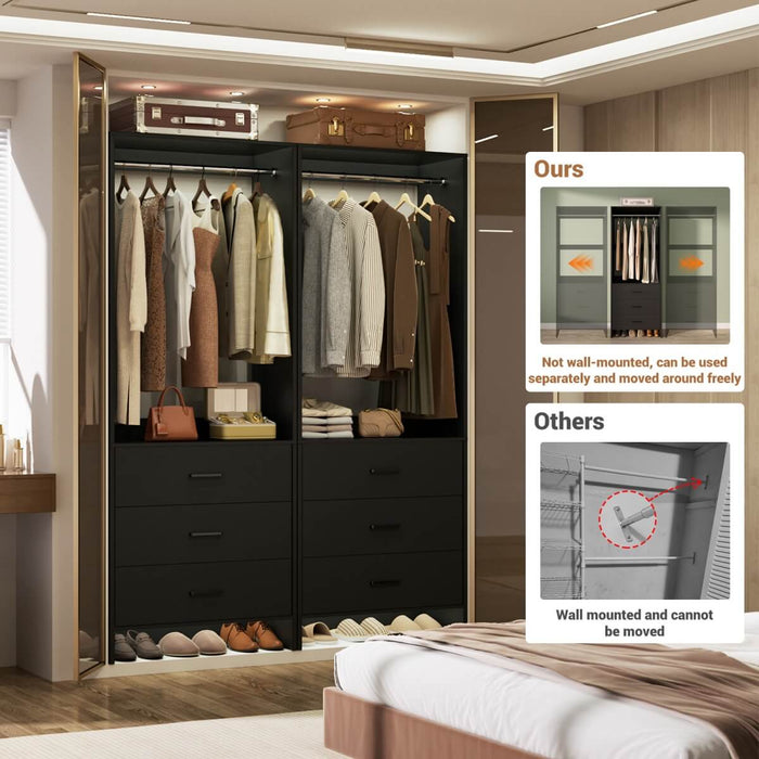 4FT Wardrobe Closet System Bundle with 6 Drawers and 2 Hanging Rods, Set of 2