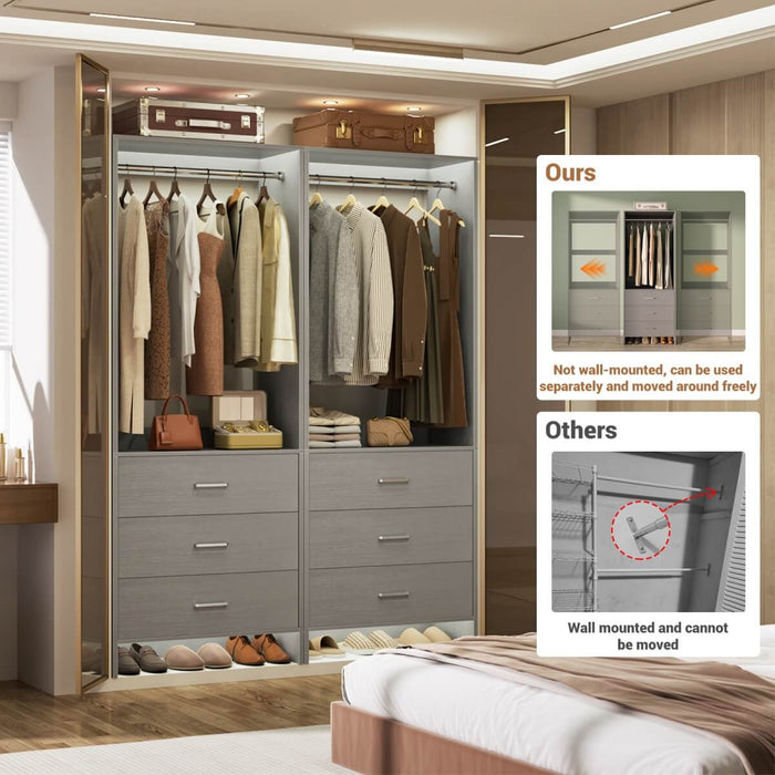 4FT Wardrobe Closet System Bundle with 6 Drawers and 2 Hanging Rods, Set of 2