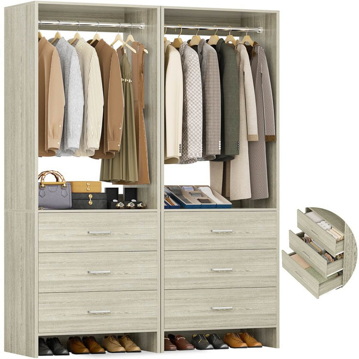 4FT Wardrobe Closet System Bundle with 6 Drawers and 2 Hanging Rods, Set of 2