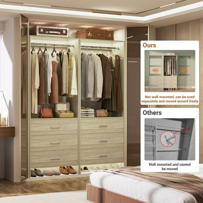 4FT Wardrobe Closet System Bundle with 6 Drawers and 2 Hanging Rods, Set of 2