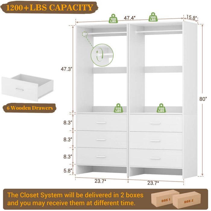 4FT Wardrobe Closet System Bundle with 6 Drawers and 2 Hanging Rods, Set of 2
