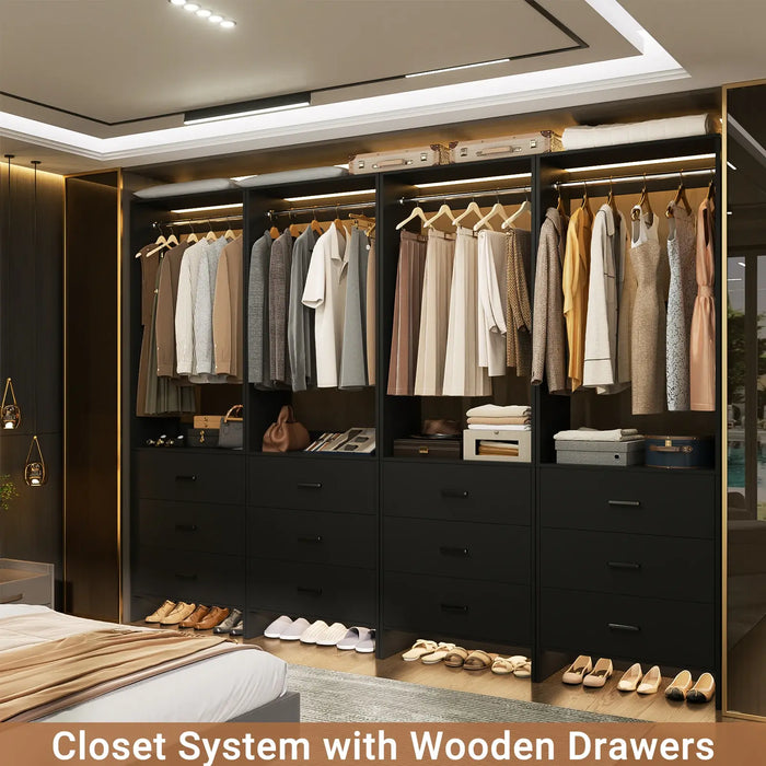 8FT Wooden Walk in Closet Organizer System with 12 Drawers and 4 Hanging Rods