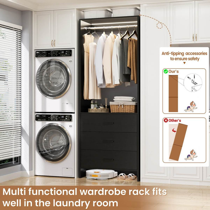 24'' Closet System with 3 Wooden Drawers & 1 Hanging Rod