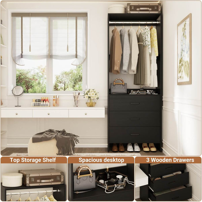 24'' Closet System with 3 Wooden Drawers & 1 Hanging Rod