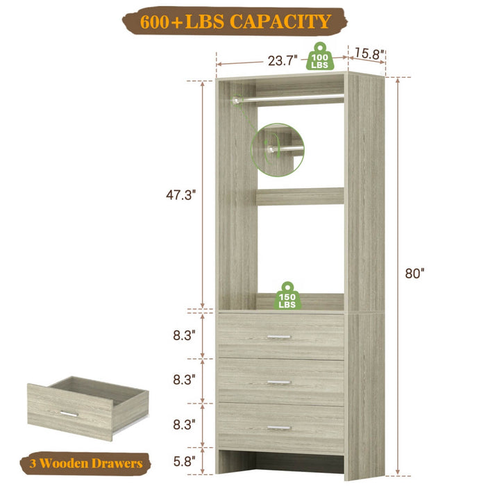 24'' Closet System with 3 Wooden Drawers & 1 Hanging Rod
