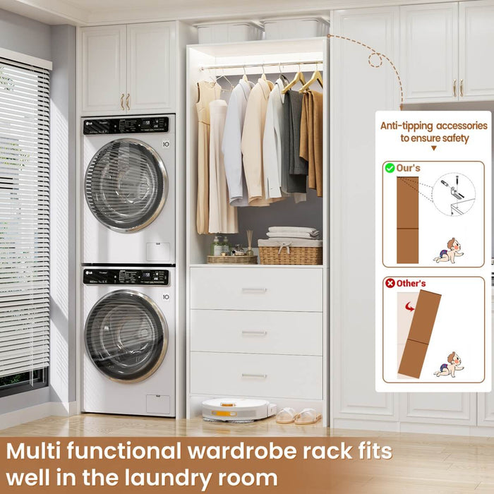 24'' Closet System with 3 Wooden Drawers & 1 Hanging Rod