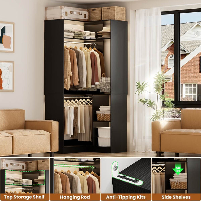34'' Freestanding Corner Closet System with 2 Hanging Rods & Open Storage Shelves