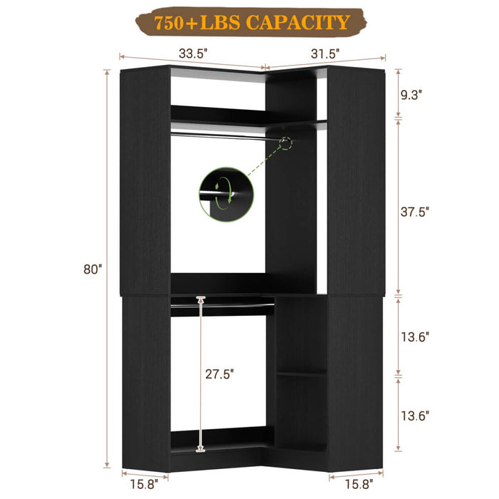 34'' Freestanding Corner Closet System with 2 Hanging Rods & Open Storage Shelves