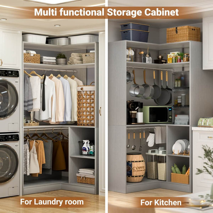 34'' Freestanding Corner Closet System with 2 Hanging Rods & Open Storage Shelves