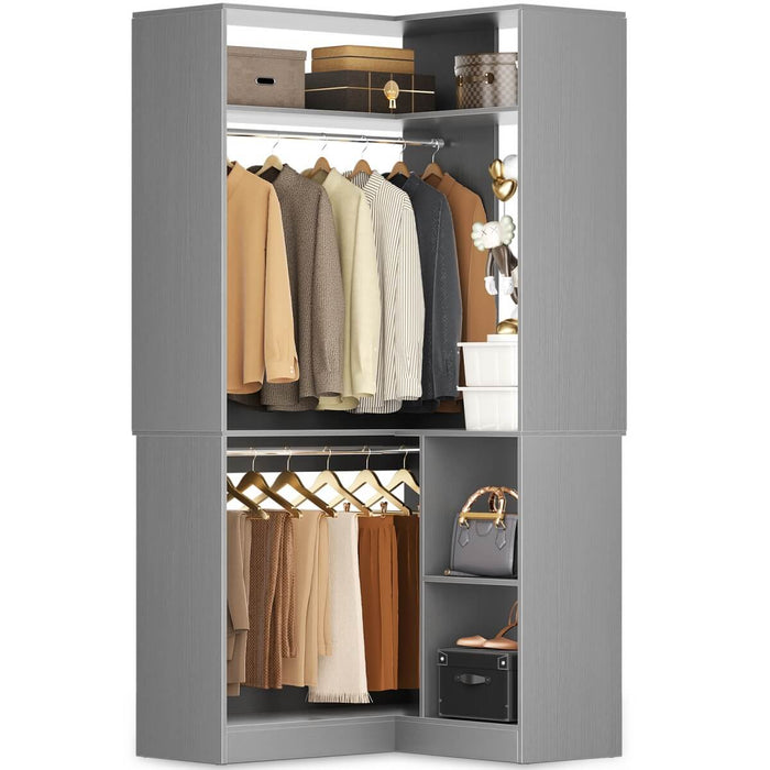 34'' Freestanding Corner Closet System with 2 Hanging Rods & Open Storage Shelves