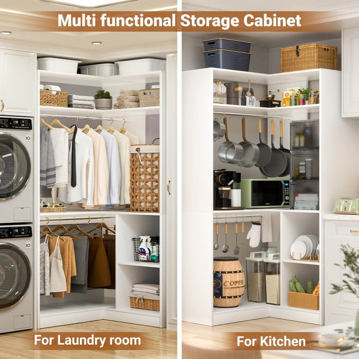 34'' Freestanding Corner Closet System with 2 Hanging Rods & Open Storage Shelves